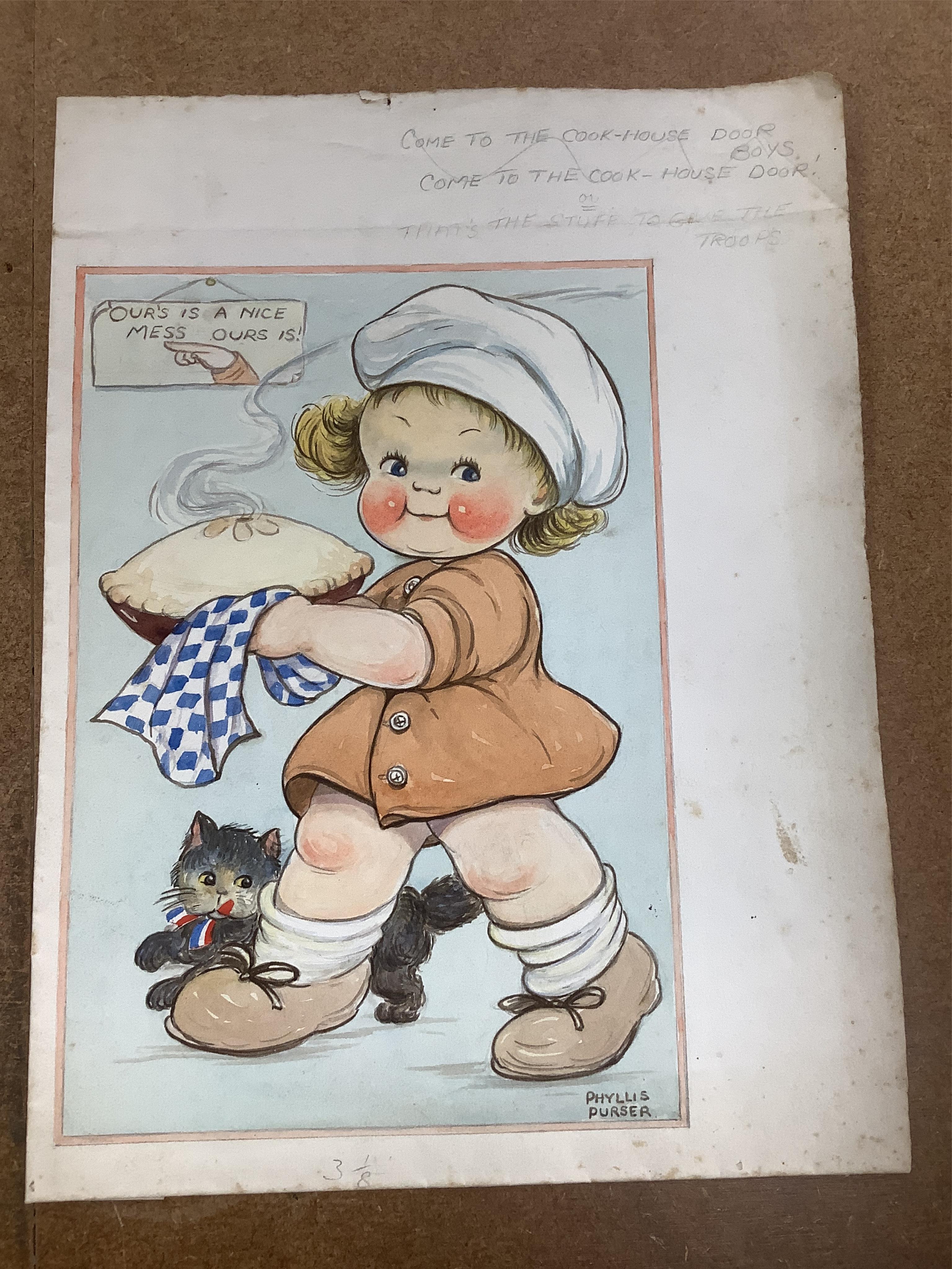 Phyllis Purser (1893-1990), six original watercolours on card for postcard designs, Humourous children, each signed, unframed, largest 39 x 28cm. Condition - fair, discolouration and creasing to the edges